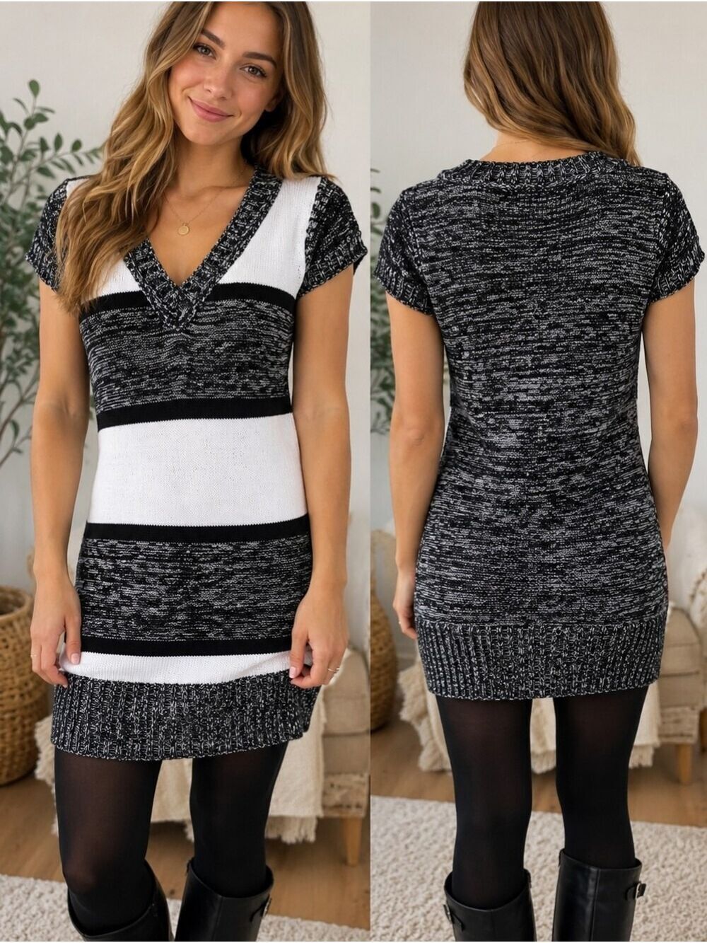 Red Paint Black & White Marled Knit Sweater Dress Tunic Size Large
